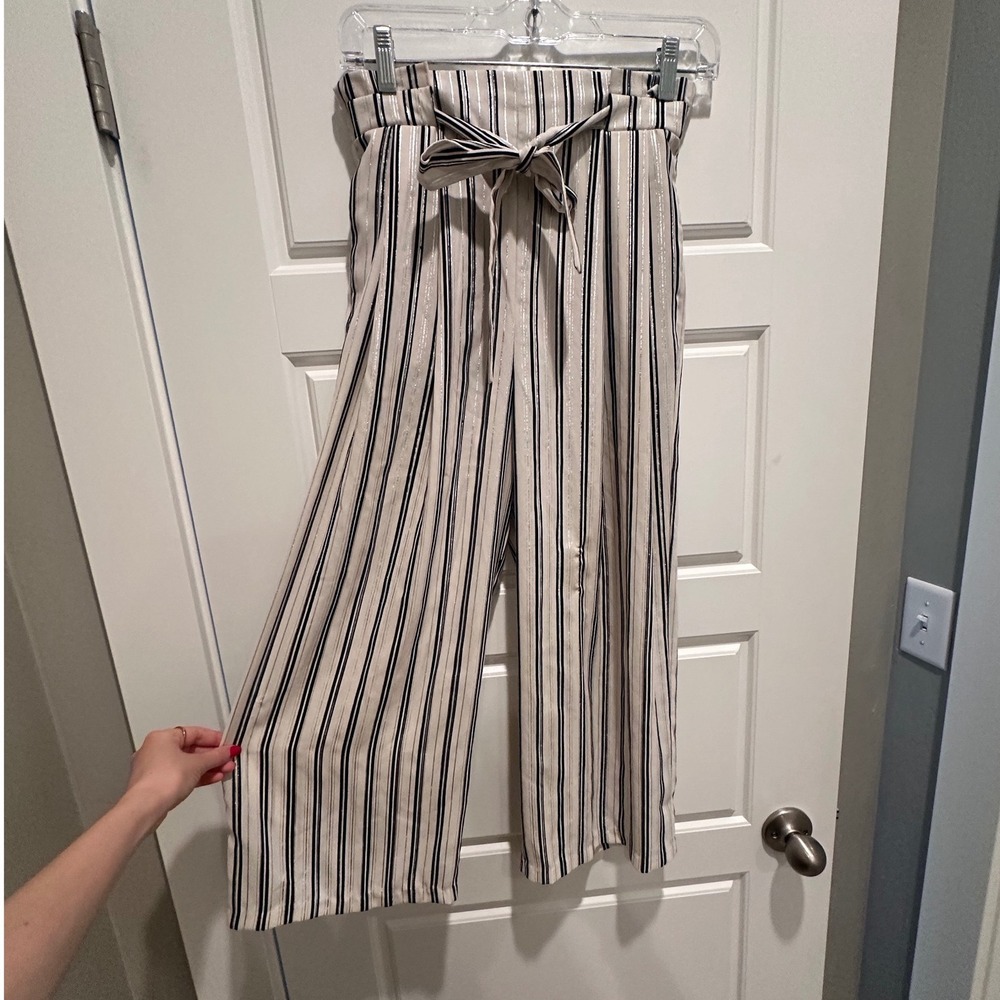 Zara Paperbag High Waist Striped Wide Leg Crop Pants XS Metallic Modest Capsule